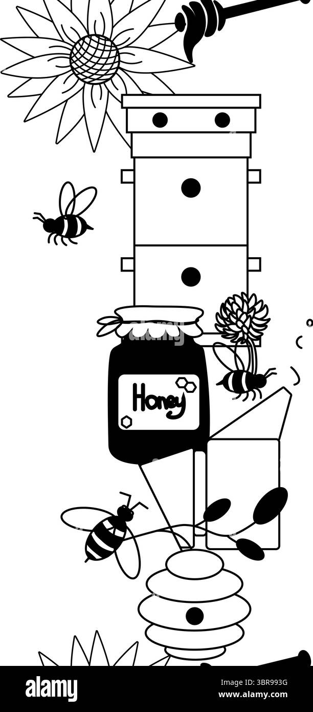 Miele, api fiori di favo verticale bordo senza cuciture. Illustrazione della linea grafica vettoriale. Per poster, volantini, banner, inviti, social media, festa o Illustrazione Vettoriale
