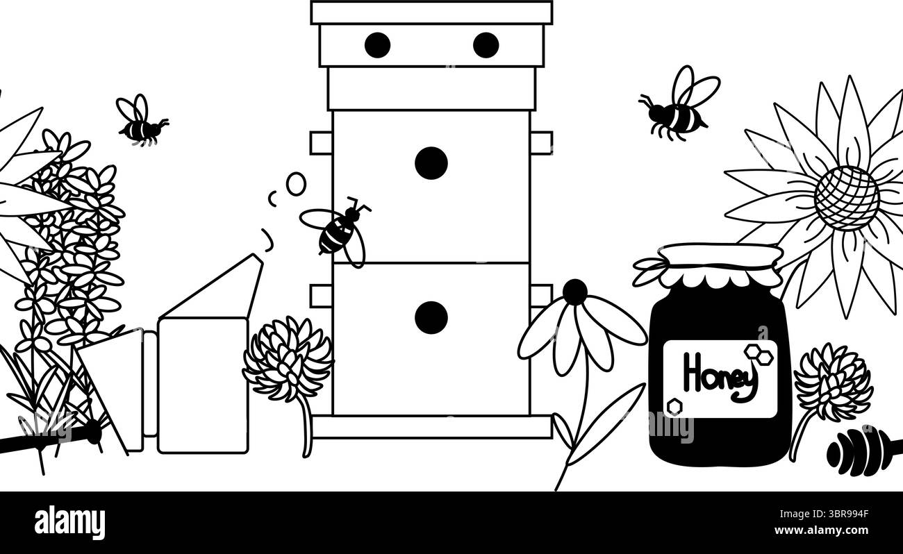 Miele, api, fiori a nido d'ape bordo orizzontale senza cuciture. Illustrazione della linea grafica vettoriale. Per poster, volantini, banner, inviti, social media, festa Illustrazione Vettoriale