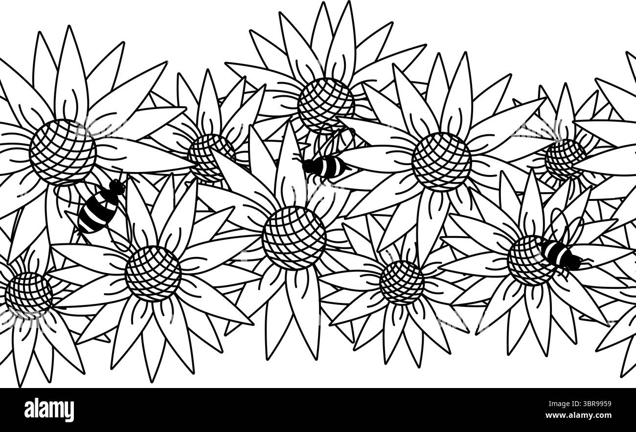 Girasole con api bordo orizzontale senza cuciture. Illustrazione della linea grafica vettoriale. design di disposizione delle ghirlande. Design perfetto per grafica e testo alla moda Illustrazione Vettoriale
