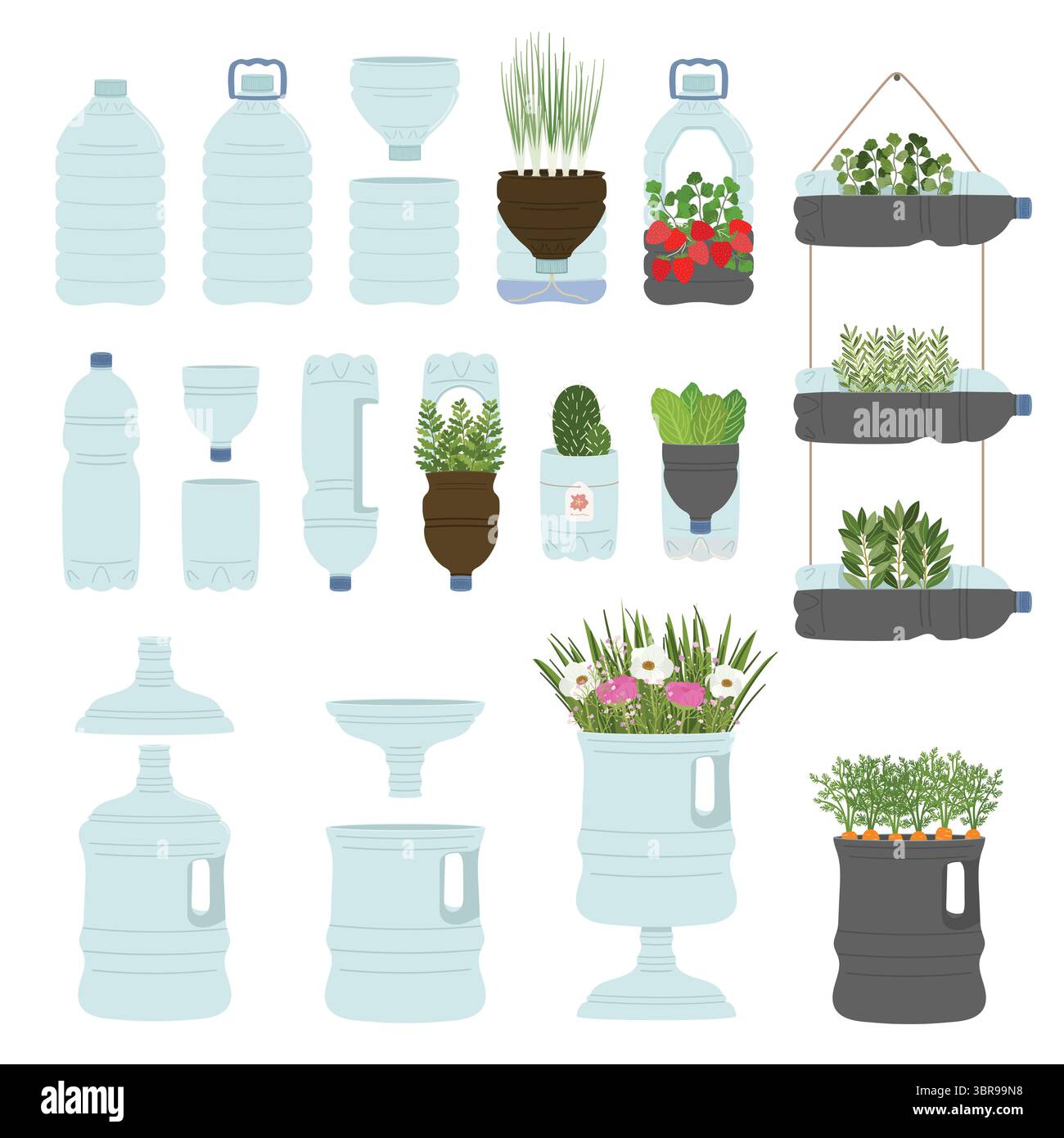 Set di piantatrici a bottiglia in plastica autoannaffianti su sfondo bianco. Uso secondario fatto a mano e fai da te. Giardino verticale, concetto di agricoltura urbana. Disegnato a mano V Illustrazione Vettoriale