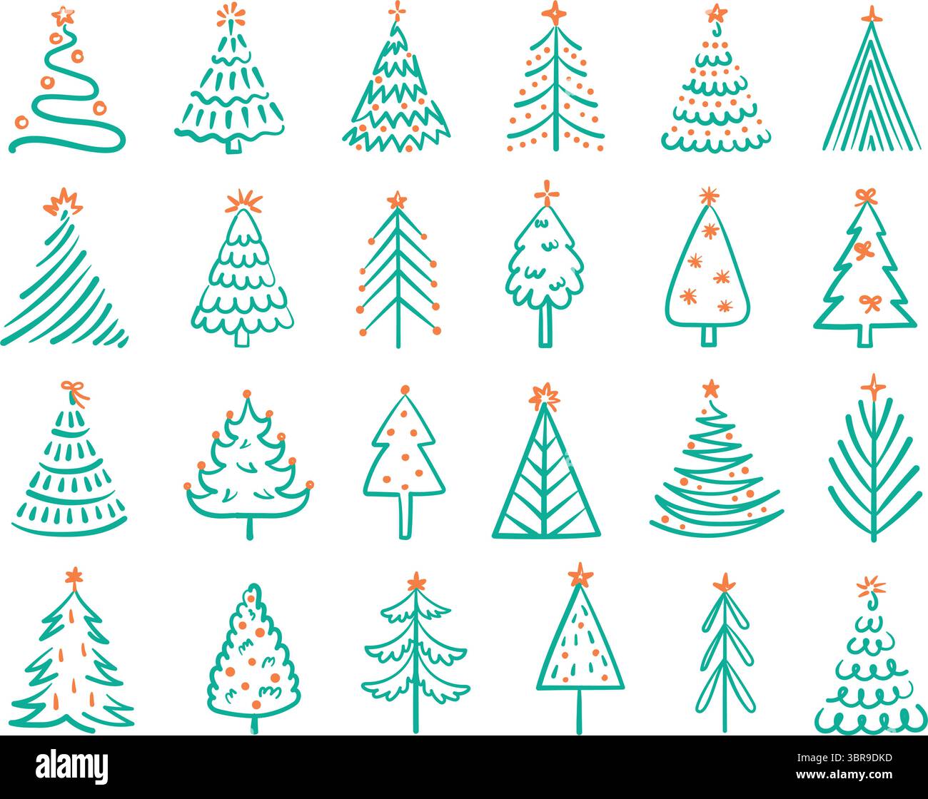 Albero di natale disegnato a mano. Festività natalizie invernali alberi con stelle decorative e fiocchi a nastro. Ornamento natalizio astratto, isolamento minimalista Illustrazione Vettoriale