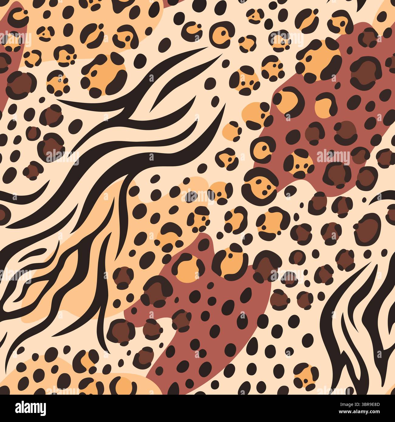 Modello misto di pelle animale. Pelle naturale senza cuciture che combina macchie leopardate e strisce zebrate. Combinazione creativa di marcature animali, stampa per Illustrazione Vettoriale