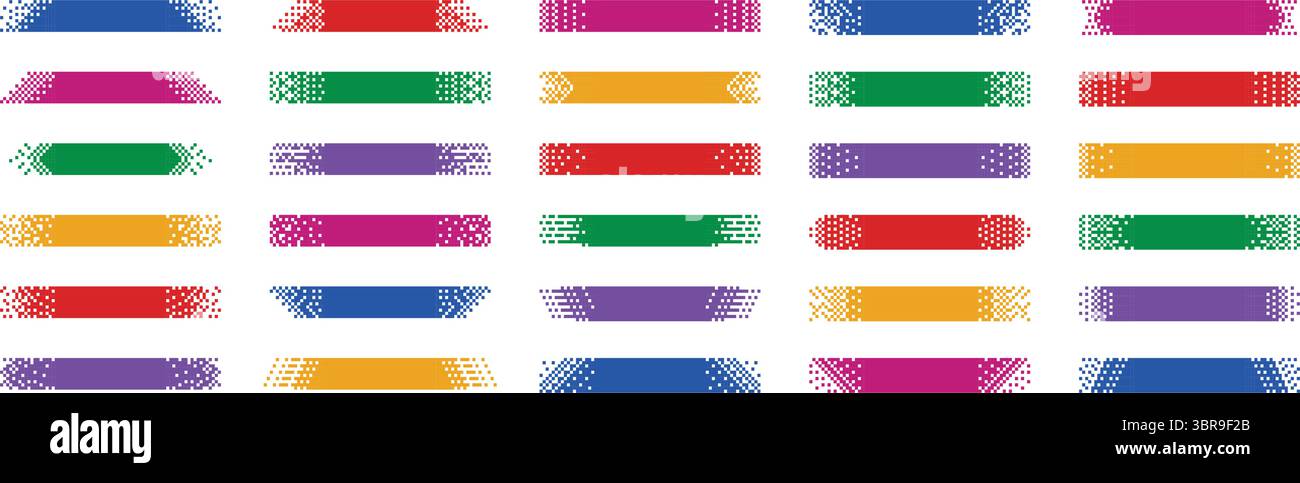 Banner pixel. Strisce di intestazione con motivi digitali punteggiati, cornici dei titoli pixellate e sfondi orizzontali a 8 bit. Layout intestazione e piè di pagina con Illustrazione Vettoriale