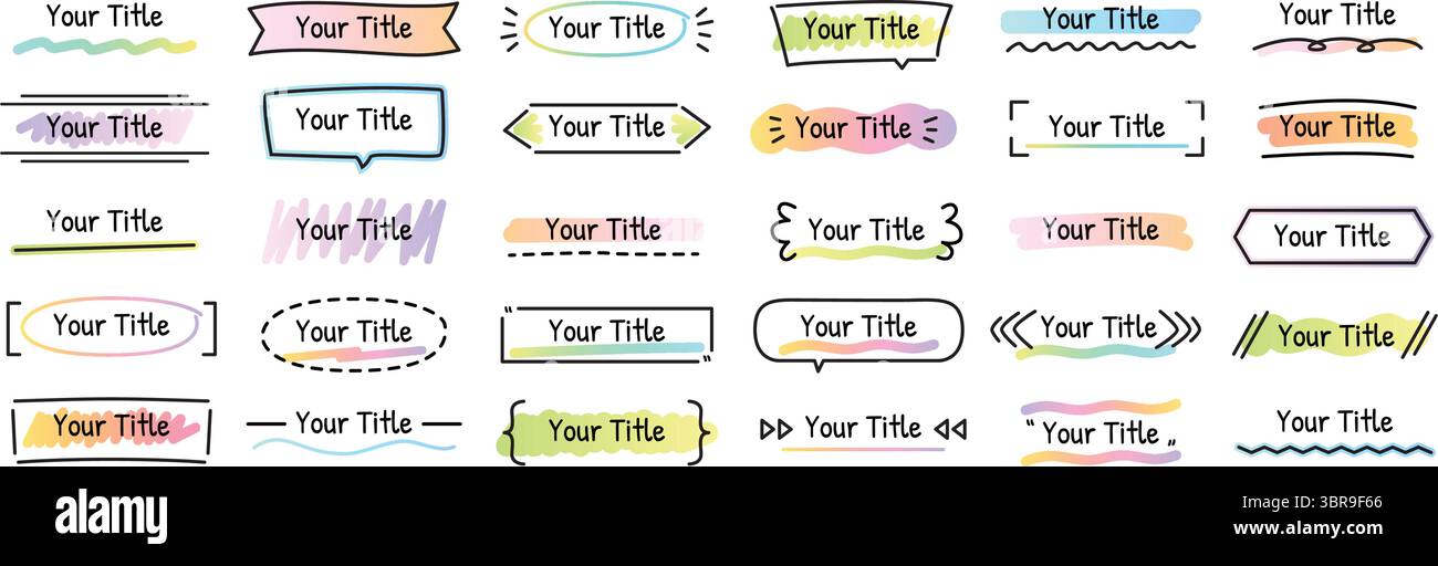 Titoli Doodle. Cornici per banner disegnate a mano, intestazioni decorative creative ed elementi per titoli. Titoli incorniciati e sottolineati per le presentazioni Illustrazione Vettoriale