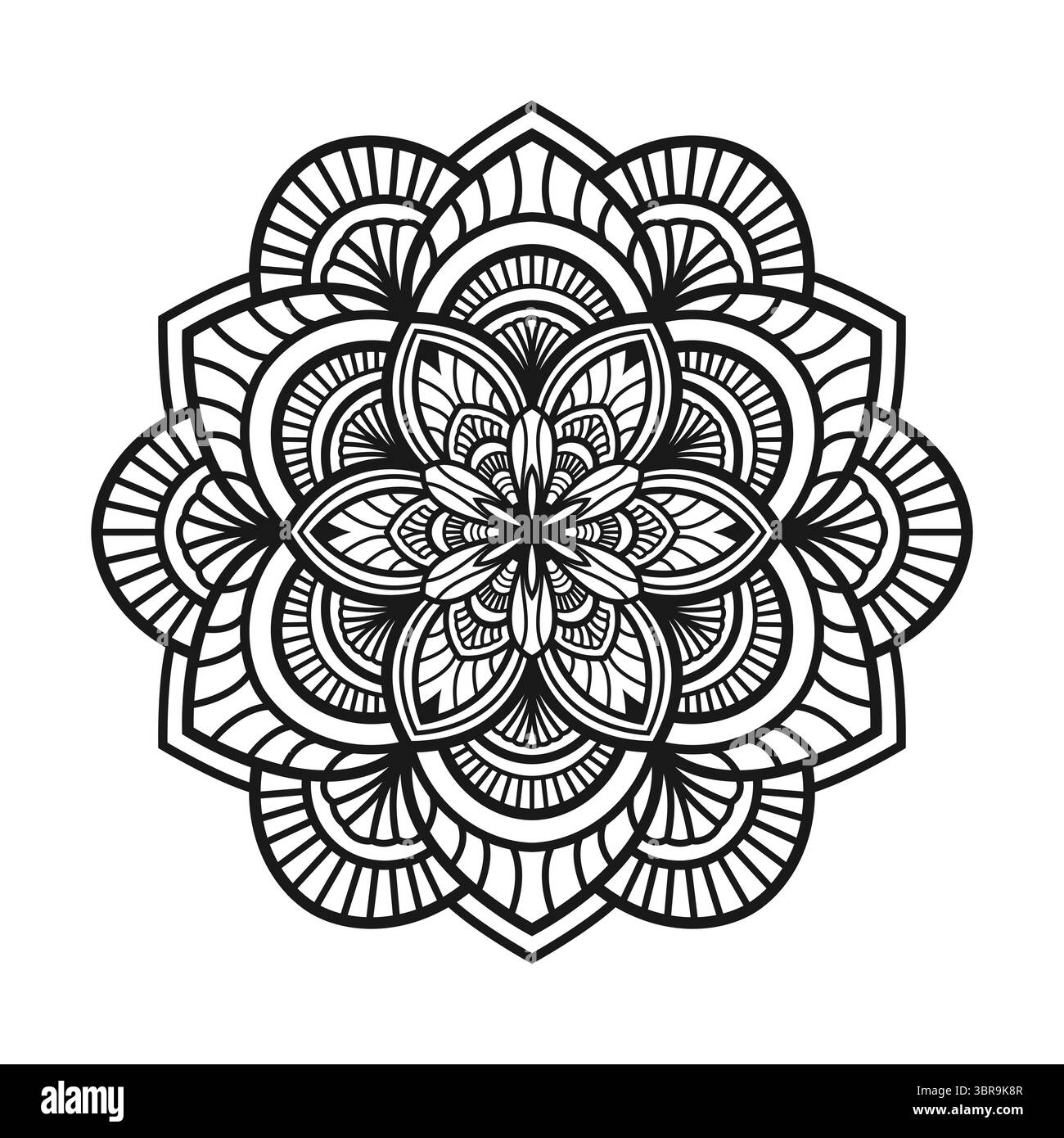Intricata Mandala Design Vector Black and White Floral Line Art per colorare e decorare. Illustrazione Vettoriale