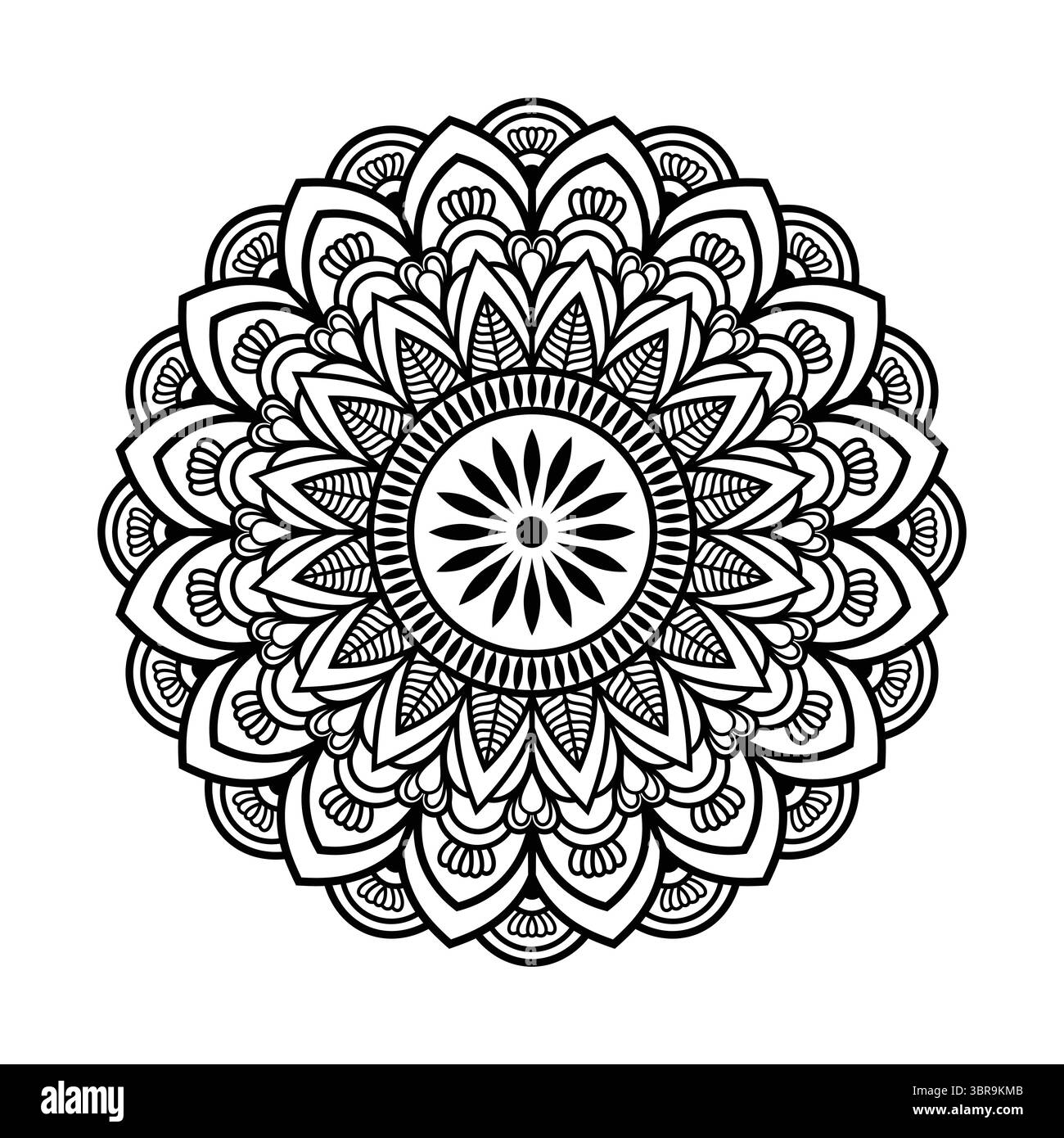 Intricata Mandala Design Vector Black and White Floral Line Art per colorare e decorare. Illustrazione Vettoriale