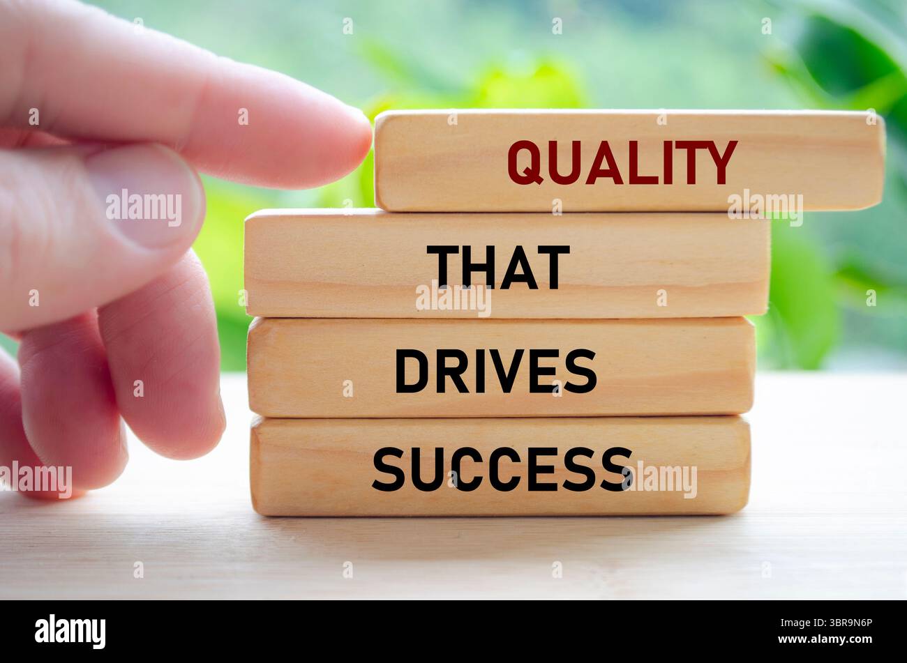 La qualità che guida il successo il testo su blocchi di legno che viene spinto avanti simboleggia come l'eccellenza porti a risultati reali. Foto Stock