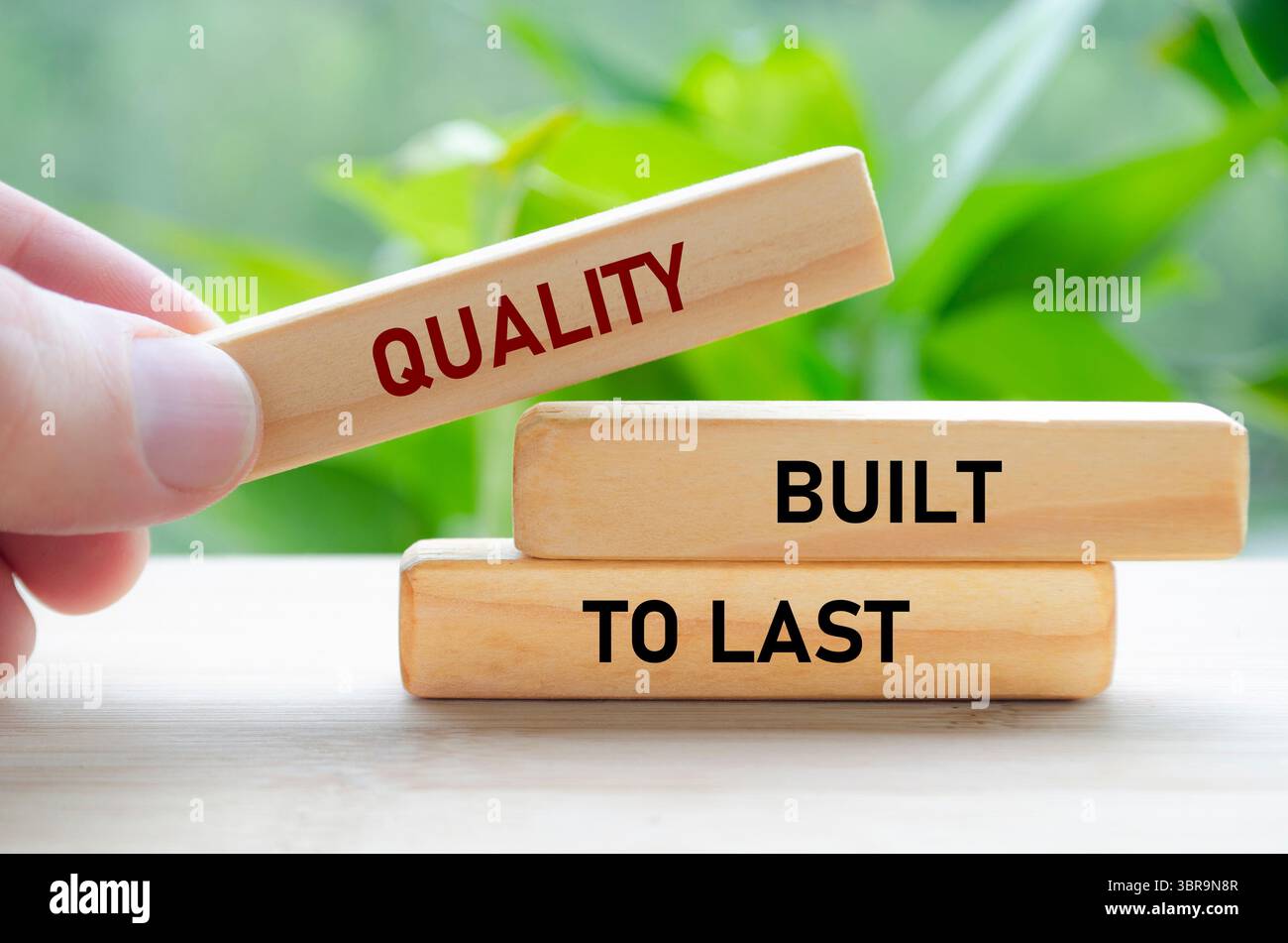 La qualità costruita per durare nel tempo su blocchi di legno verdi tenuti a mano rappresenta una durata e un'affidabilità a lungo termine. Foto Stock