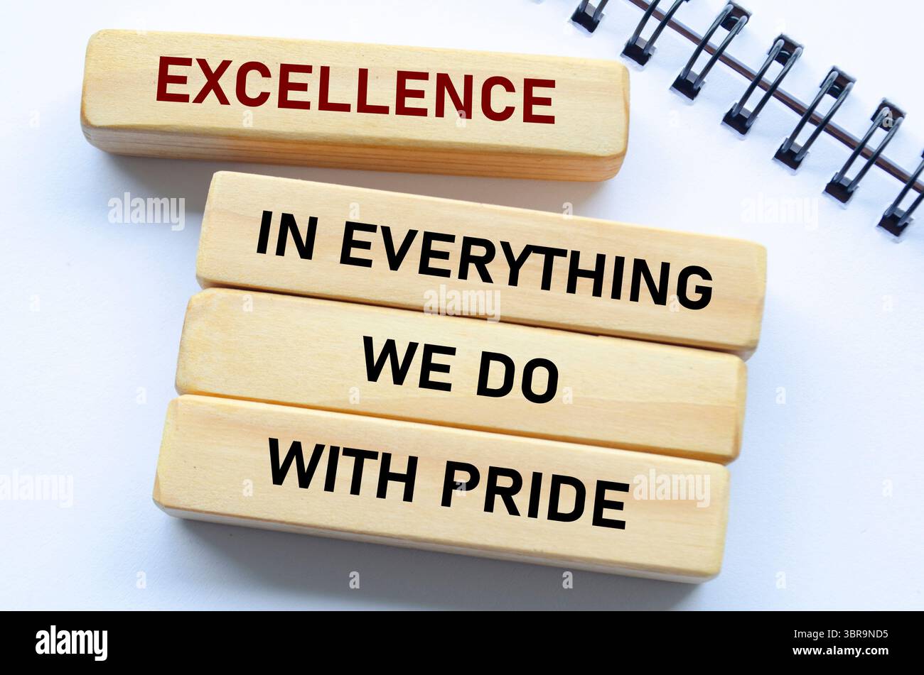 L'eccellenza in tutto ciò che facciamo con il testo Pride su blocchi di legno e notebook riflette una qualità costante e l'orgoglio in ogni azione. Foto Stock