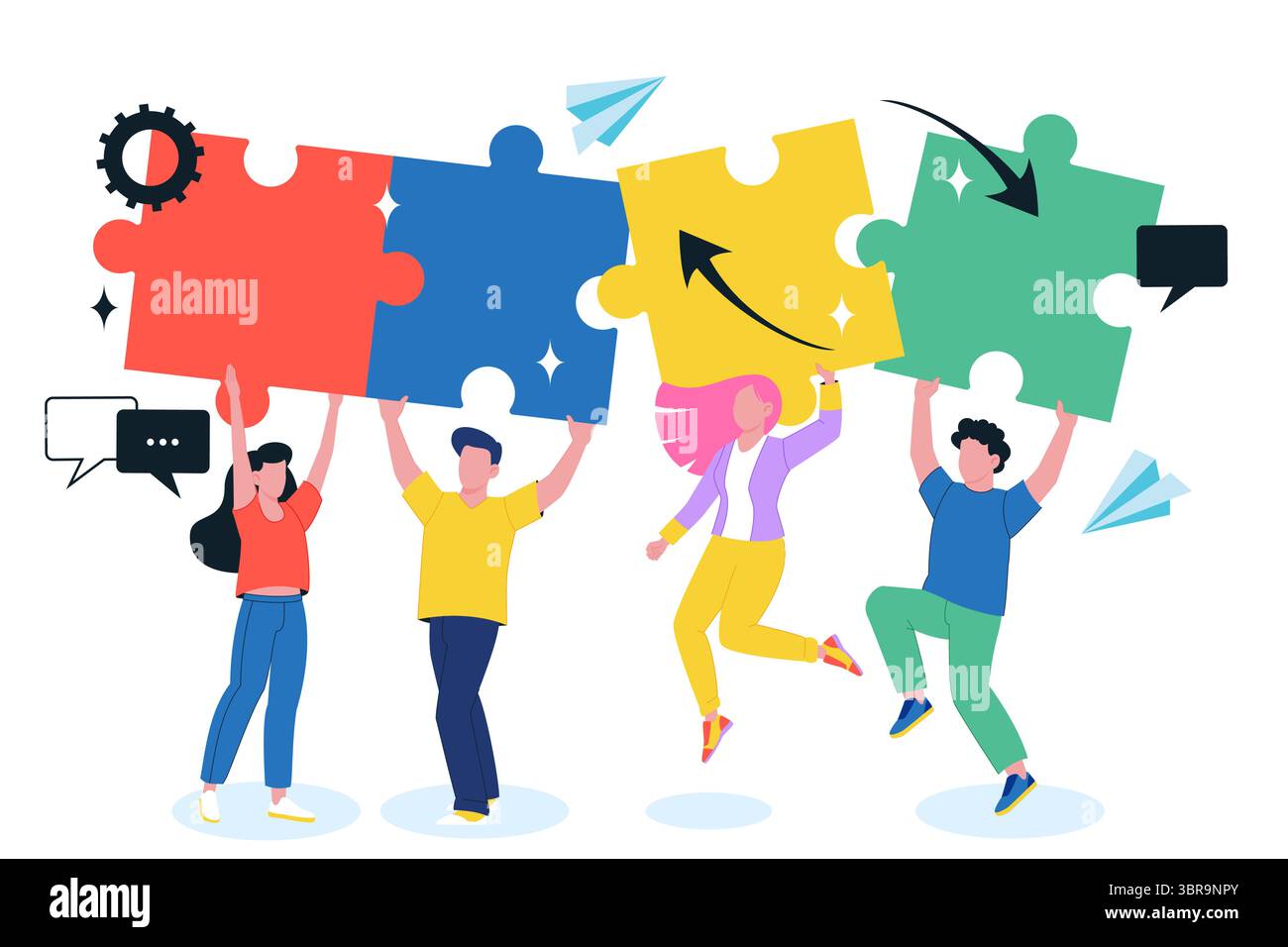 Persone che tengono in mano pezzi vibranti di puzzle. Illustrazione di un cartone animato piatto vettoriale. Concetto di lavoro di squadra, soluzione dei problemi, unità, collaborazione, successo aziendale Illustrazione Vettoriale