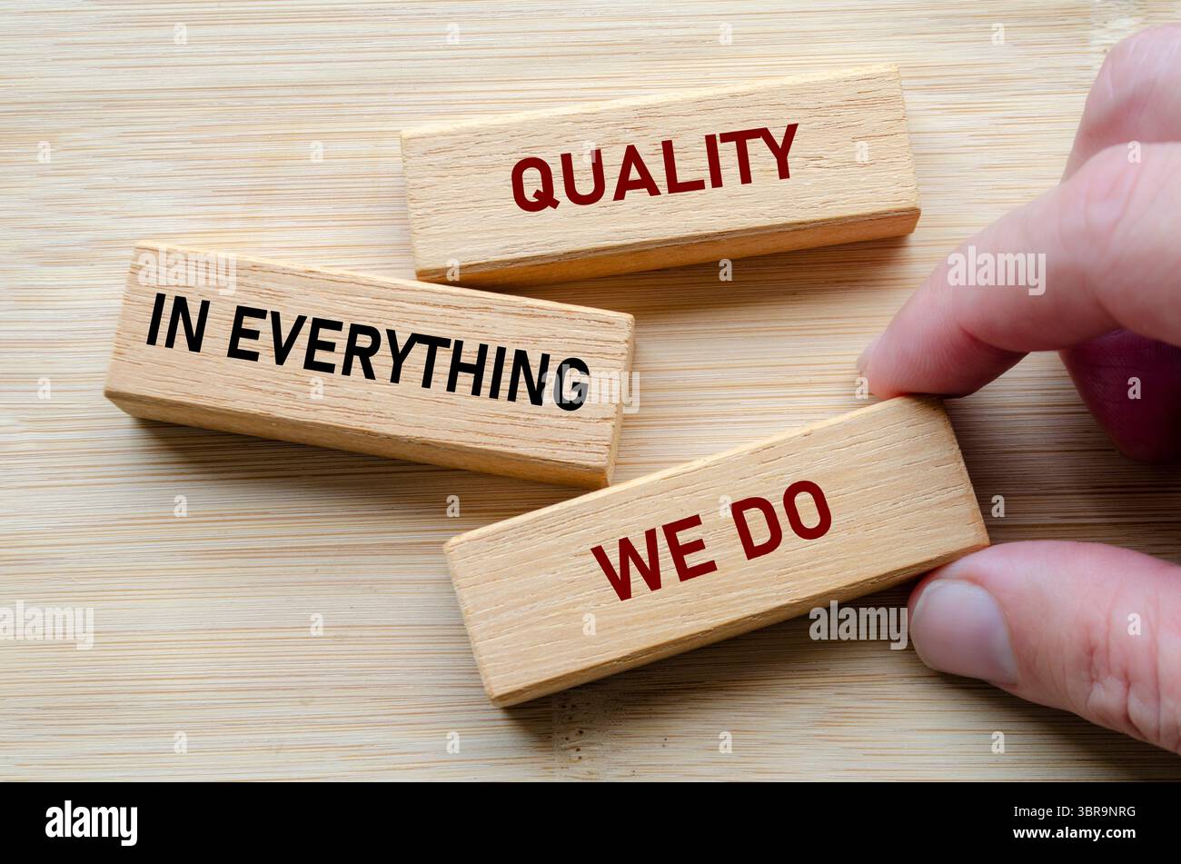 La qualità in tutto ciò che facciamo il messaggio sui blocchi di legno mette in evidenza l'impegno a garantire un'eccellenza costante. Foto Stock