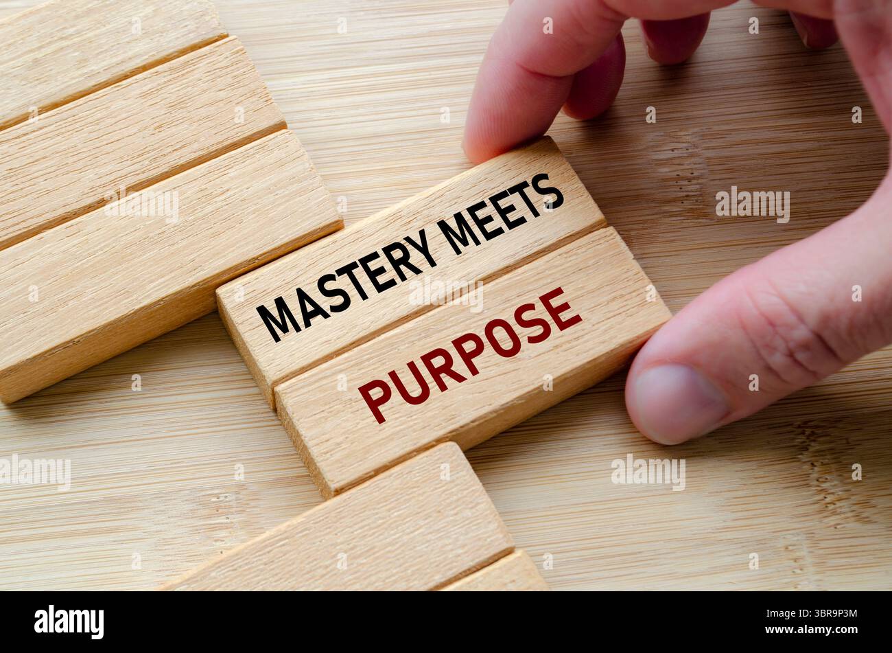 La padronanza incontra il testo dello scopo il blocco di legno tenuto in mano riflette l'abilità, il controllo e l'esperienza raggiunta attraverso la pratica. Foto Stock