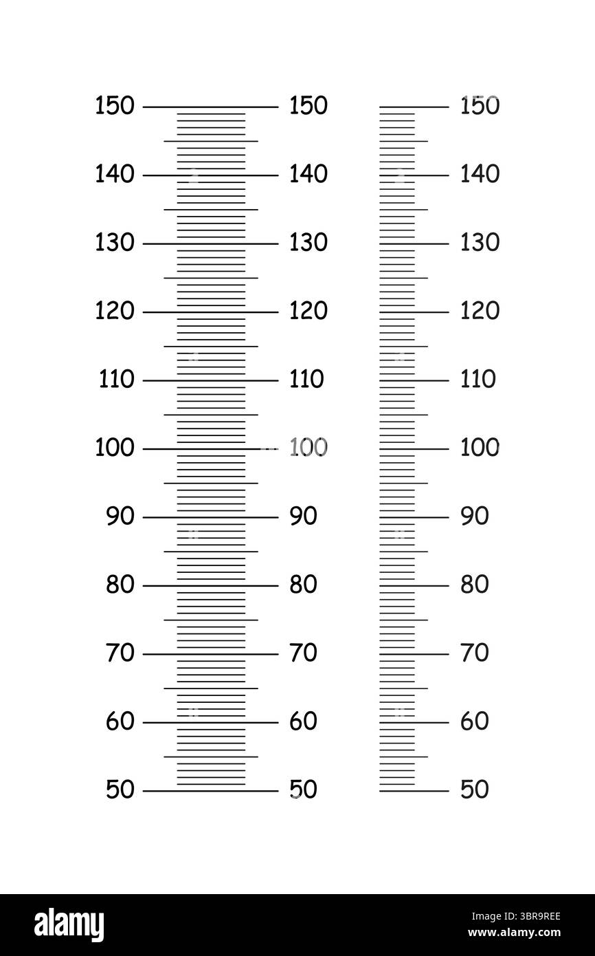 Tabelle altezza bambini da 50 a 150 centimetri. Maschere per adesivo di crescita parete. Set di metri a parete o righello di crescita. Illustrazione Vettoriale
