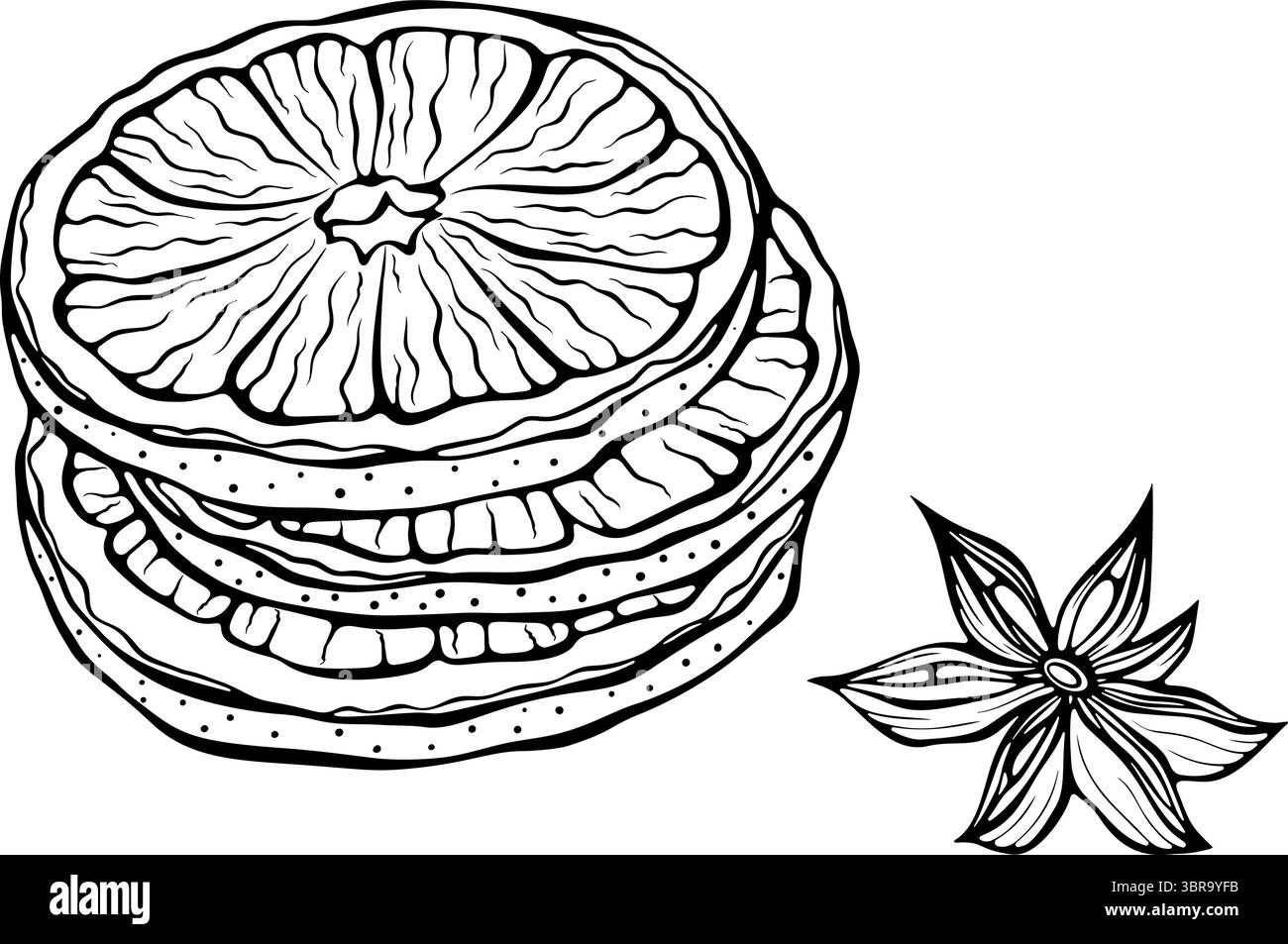 Disegni a linee di fette arancioni secche impilate Illustrazione Vettoriale
