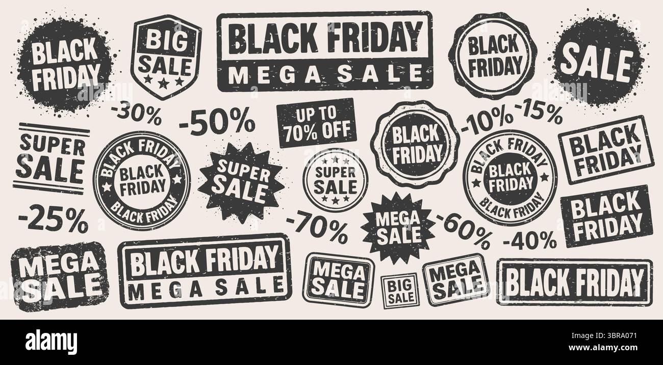 Set vettoriale di francobolli grunge in vendita per il Black Friday. Collezione di modelli di francobolli in gomma retro Black Friday. Confezione di francobolli Mega sale. Seal Black Friday. Immagine vettoriale Illustrazione Vettoriale