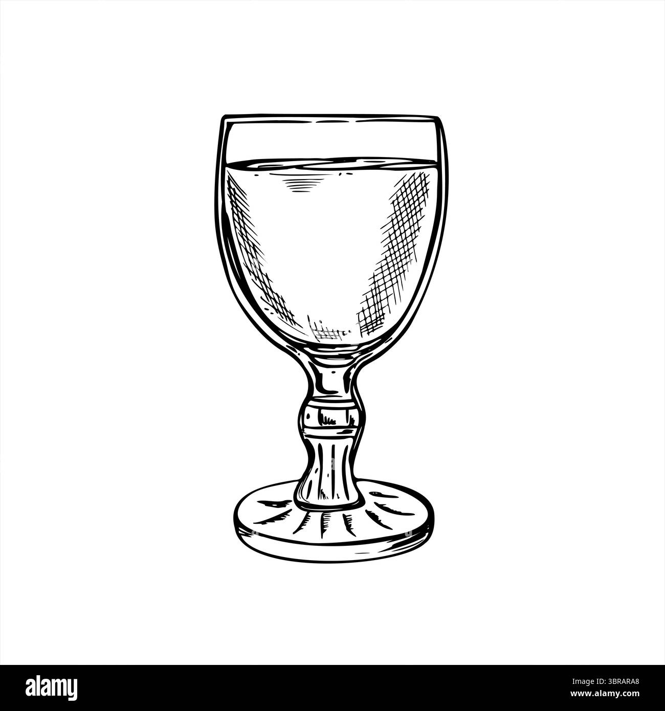 Illustrazione vettoriale monocromatica di un piccolo bicchiere a stelo con bevanda per acqua, vino, vodka, liquore o limoncello. Bicchiere di vino per menu bar, alcolici brandi Illustrazione Vettoriale
