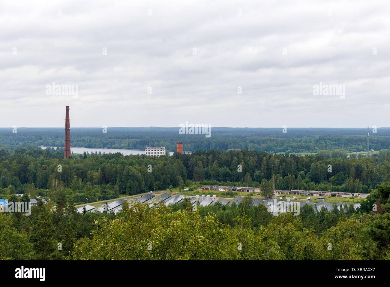 Una veduta elevata di un'area industriale con un alto camino ed edifici, circondata da vaste foreste verdi e da un lontano lago sotto un cielo nuvoloso. Foto Stock