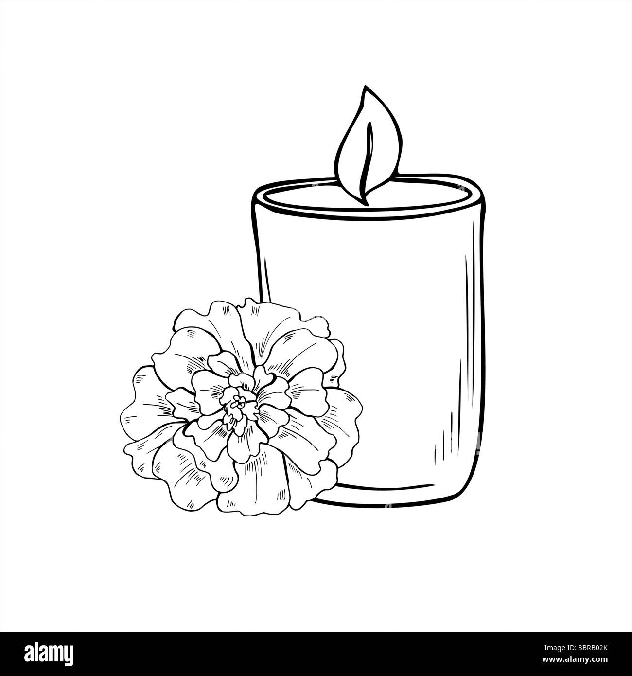 Candela monocromatica in cera con illustrazione vettoriale di fiori di calendula dipinta con inchiostri neri. Composizione simbolica incisione disegno per tema spirituale Illustrazione Vettoriale