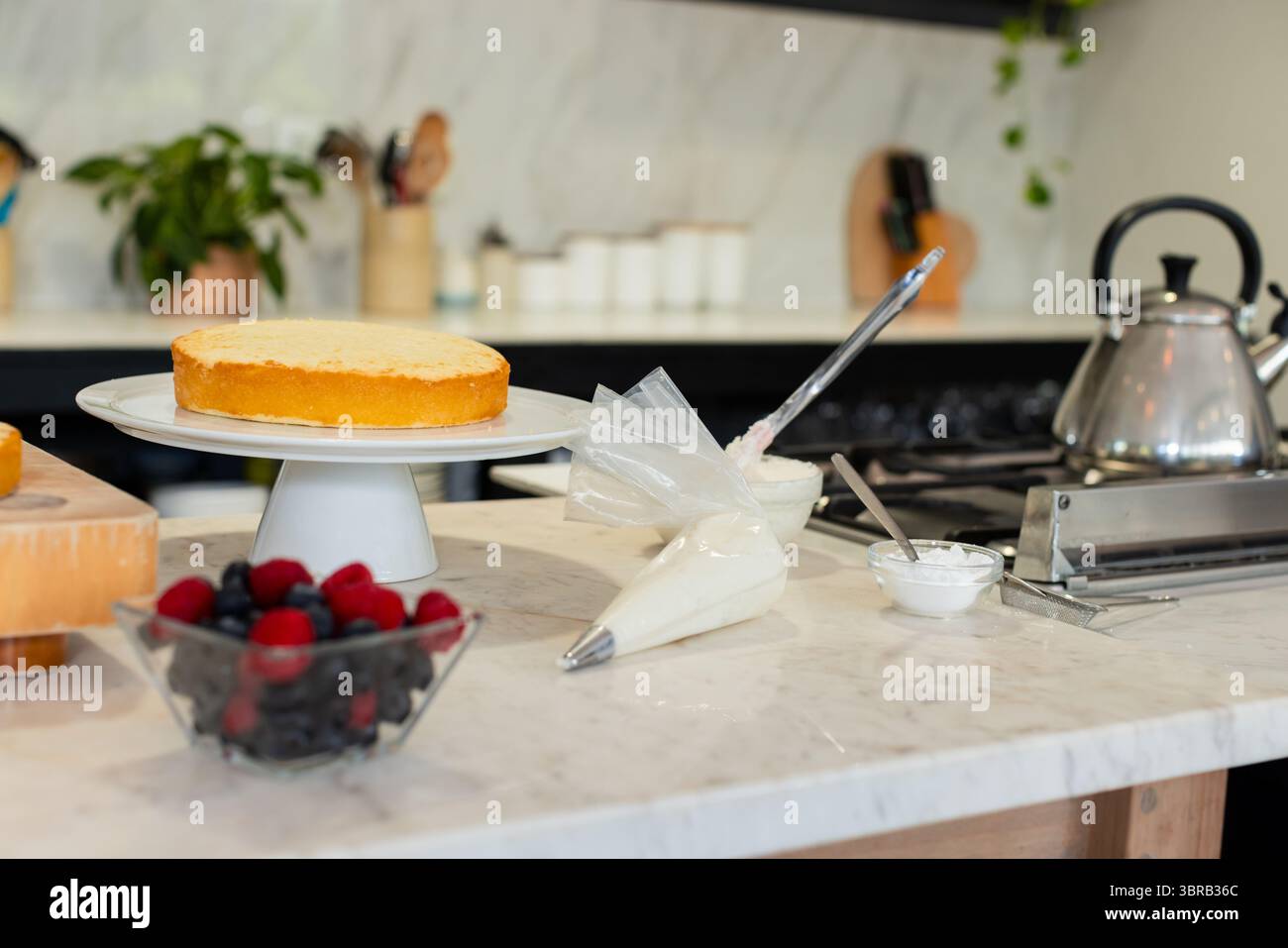 Torta a strato singolo seduta su piedistallo bianco sul piano di appoggio con frutti di bosco e sacchetti per glassare Foto Stock