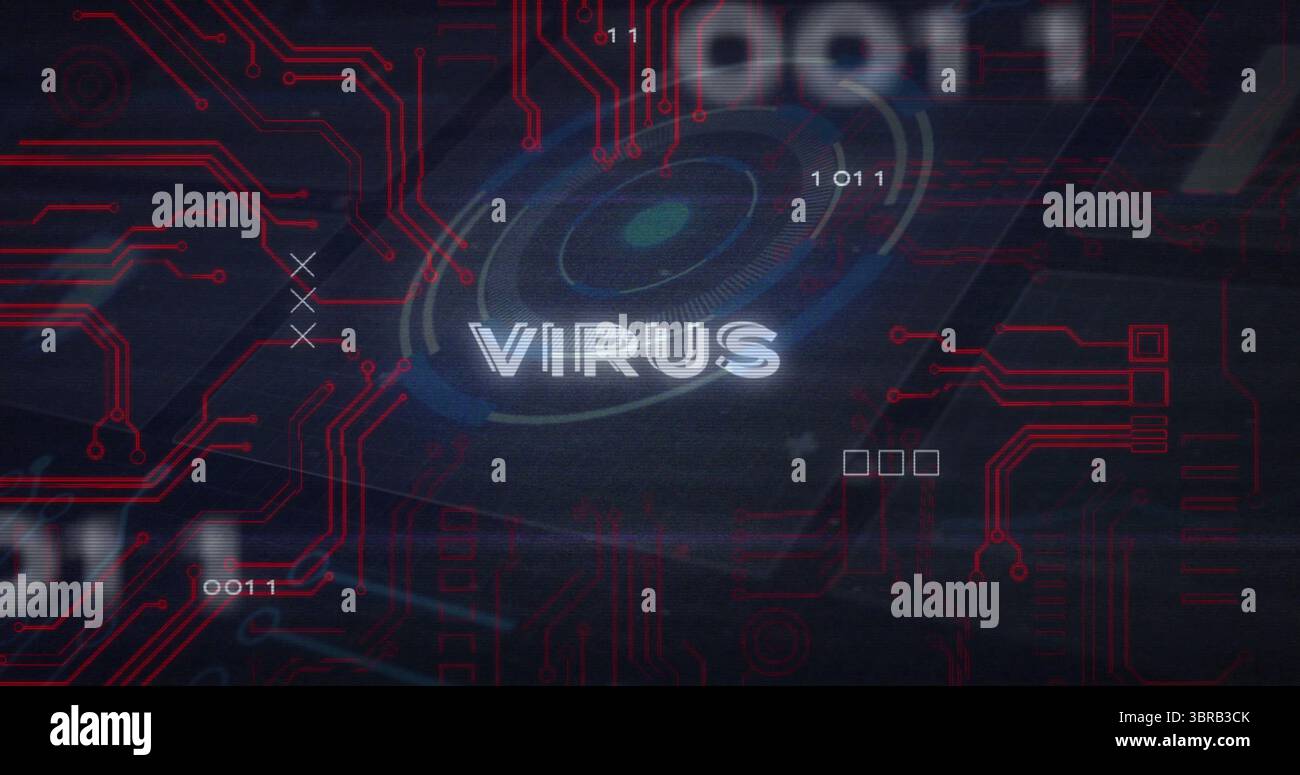 Visualizzazione del testo VIRUS centrale che pulsano nell'interfaccia utente scura con HUD circolare, circuiti rossi e cifre binarie Foto Stock