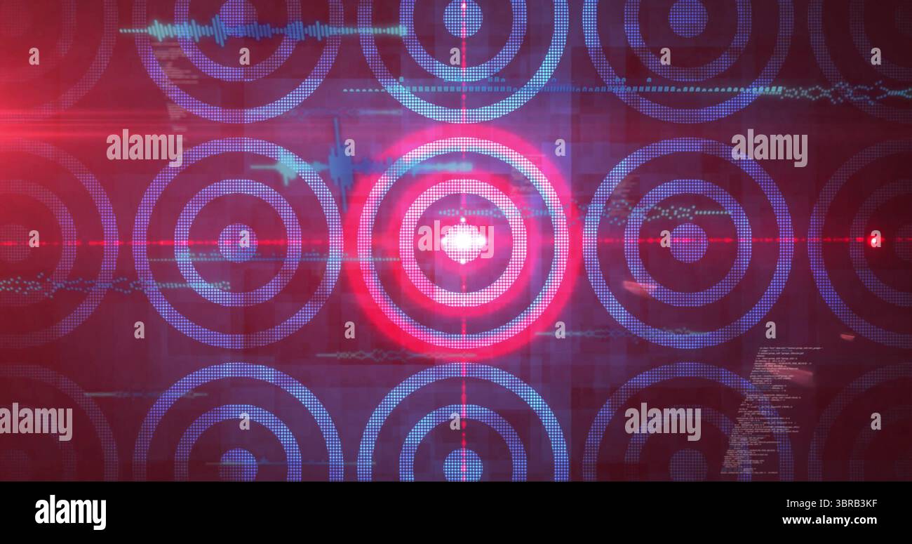Rendering del mirino rosso del cerchio di destinazione in HUD che mostra i punti blu sovrapposti ai dati e le svasature Foto Stock