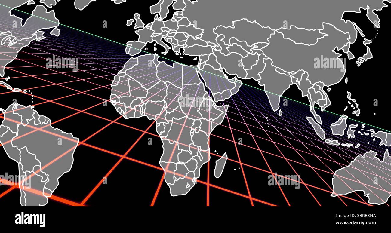 Proiezione di una mappa del mondo traslucida con contorni bianchi, che passa sopra la griglia rossa nella scena digitale Foto Stock