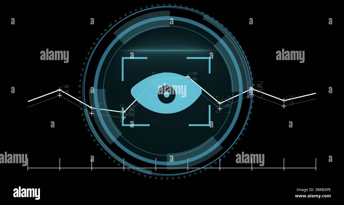 Visualizzazione dell'icona a forma di occhio centrale azzurro che lampeggia in HUD, con anelli, grafico, scala di graduazione e parentesi Foto Stock