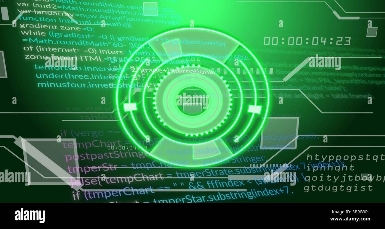 Visualizzazione di impulsi grafici HUD circolari verdi al neon sul display digitale, con sovrapposizioni di codice e timer Foto Stock