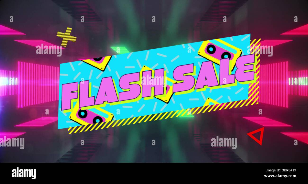 Mostra il banner blu neon che evidenzia LA VENDITA DI FLASH in corridoio neon, con icone e forme delle cassette Foto Stock