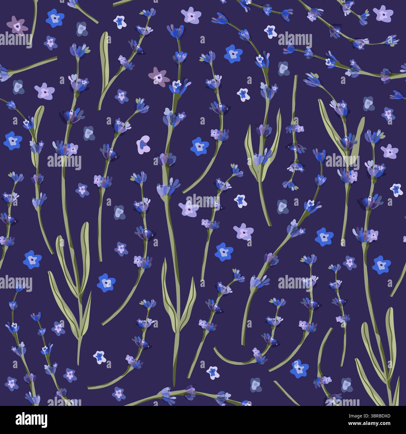 Foglie vettoriali senza cuciture botaniche estive dei fiori di lavanda su sfondo viola profondo Illustrazione Vettoriale