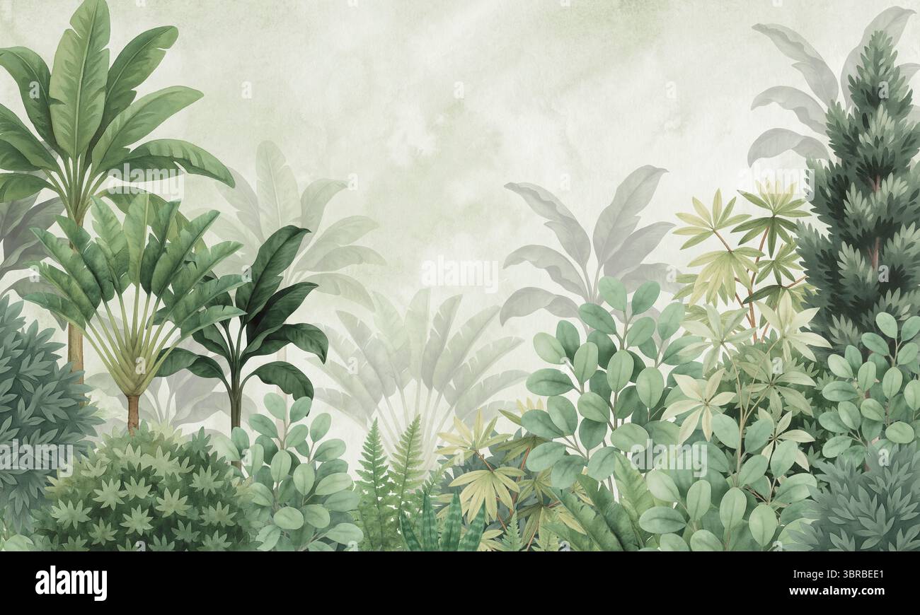Murale botanico neutro - paesaggio tropicale con fogliame in morbido acquerello monocromatico Foto Stock