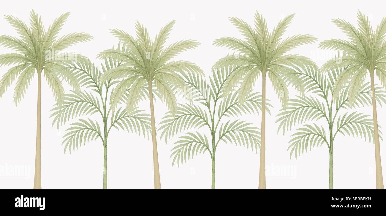 Murale botanico neutro - paesaggio tropicale con fogliame in morbido acquerello monocromatico Foto Stock