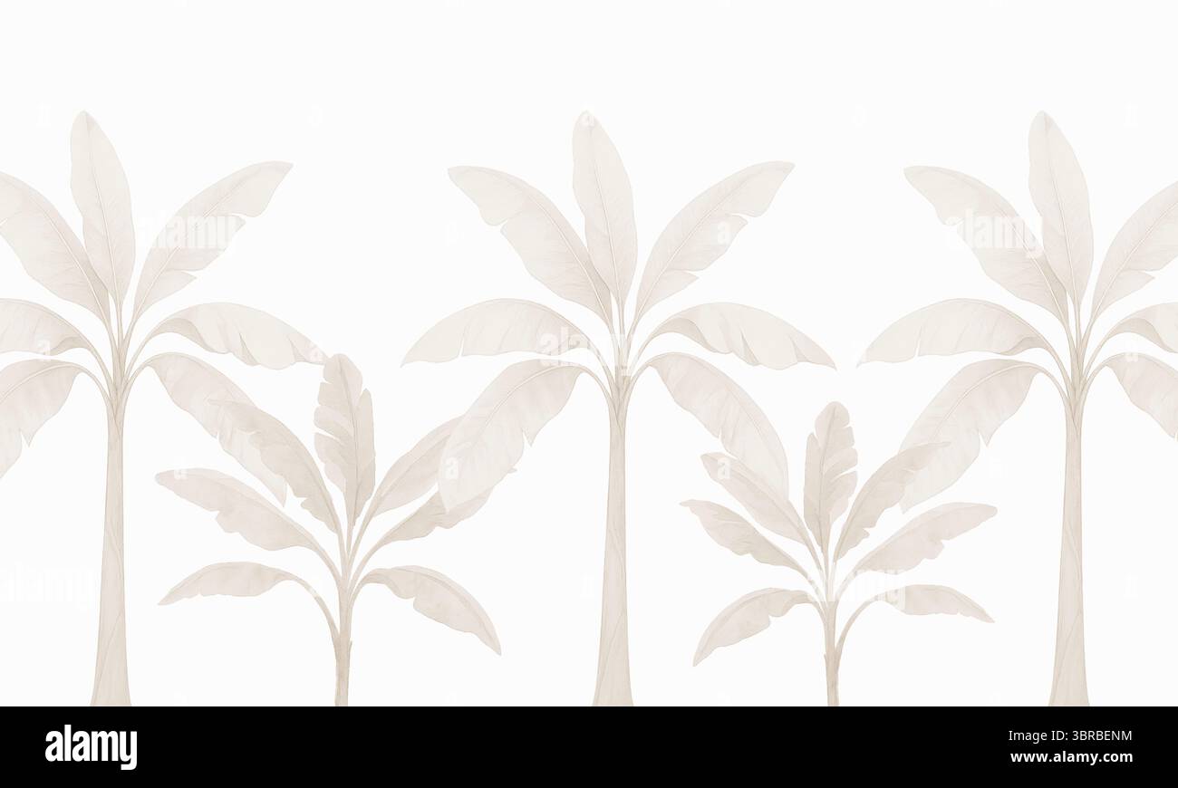 Murale botanico neutro - paesaggio tropicale con fogliame in morbido acquerello monocromatico Foto Stock