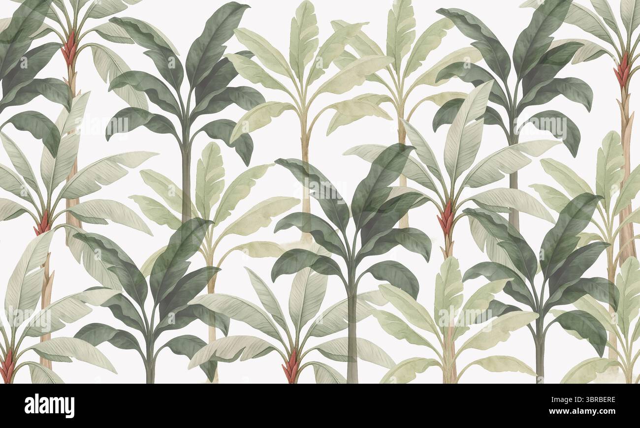 Murale botanico neutro - paesaggio tropicale con fogliame in morbido acquerello monocromatico Foto Stock