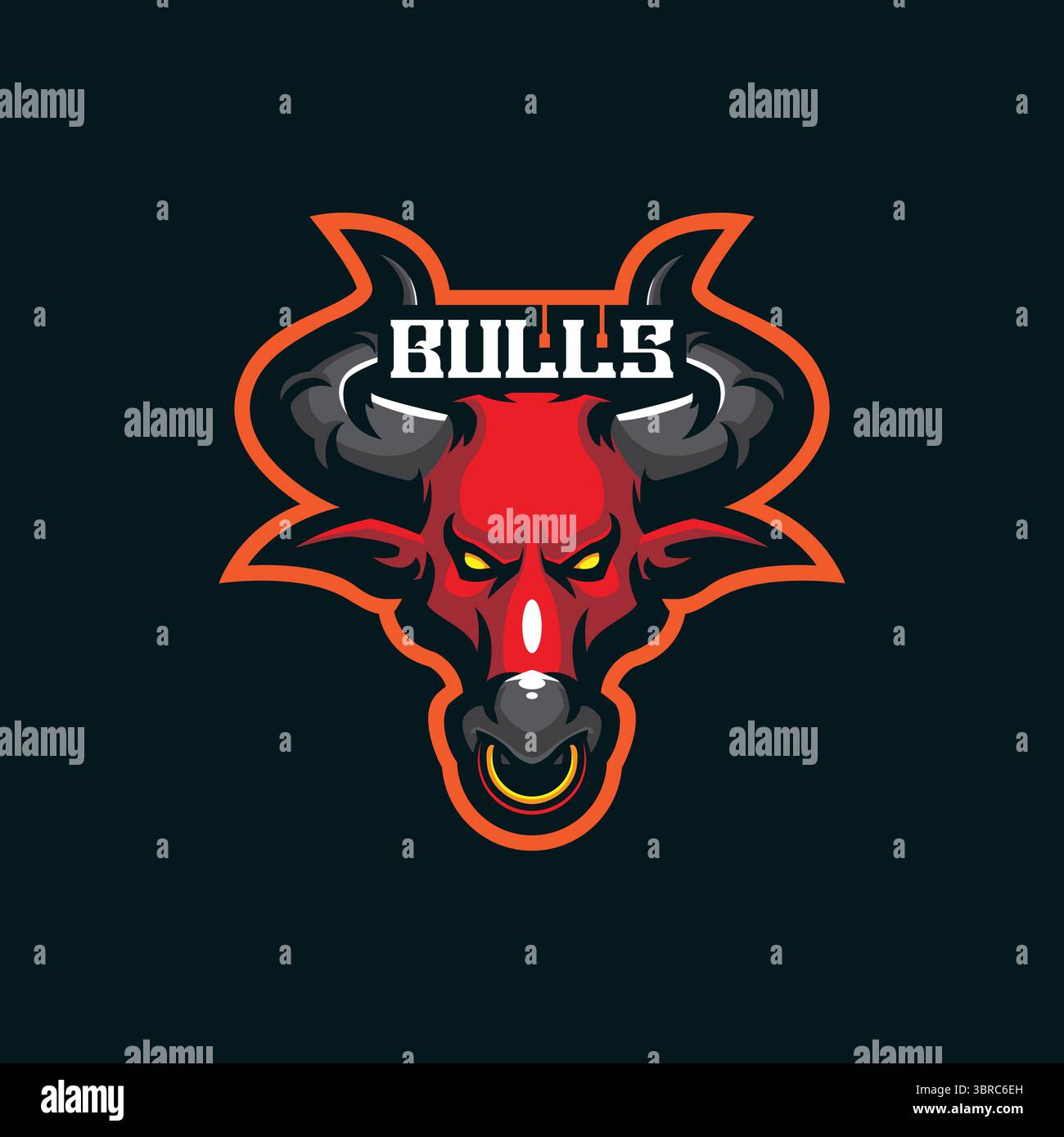 Design vettoriale con logo della mascotte Bull e design moderno per la stampa di badge, emblemi e t shirt. Illustrazione a testa tonda per la squadra sportiva. Illustrazione Vettoriale
