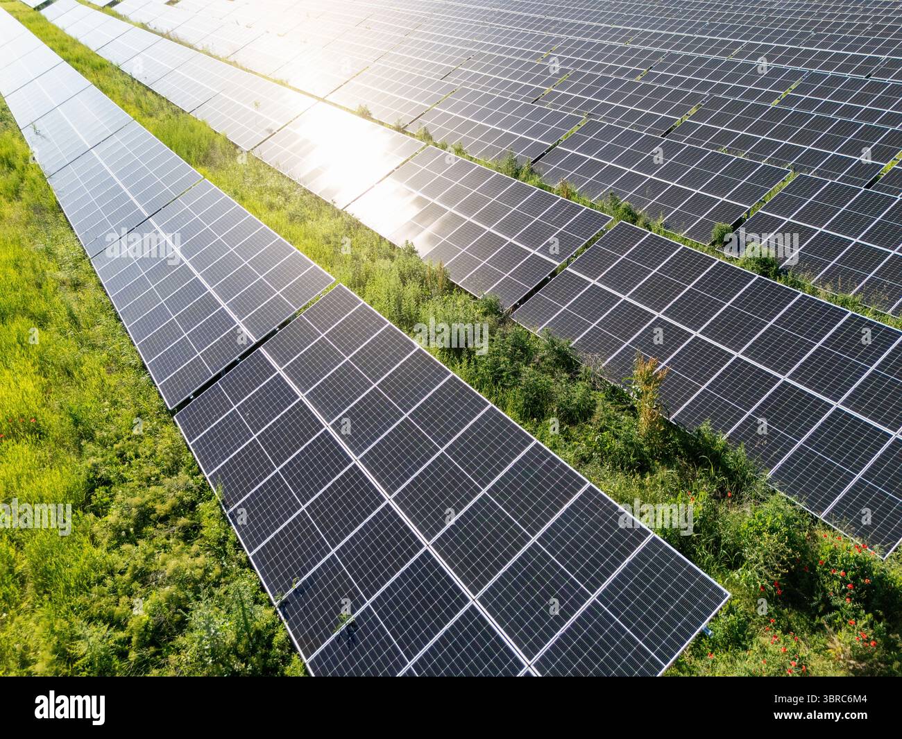 Vista aerea della centrale a energia solare. Sviluppo sostenibile Foto Stock