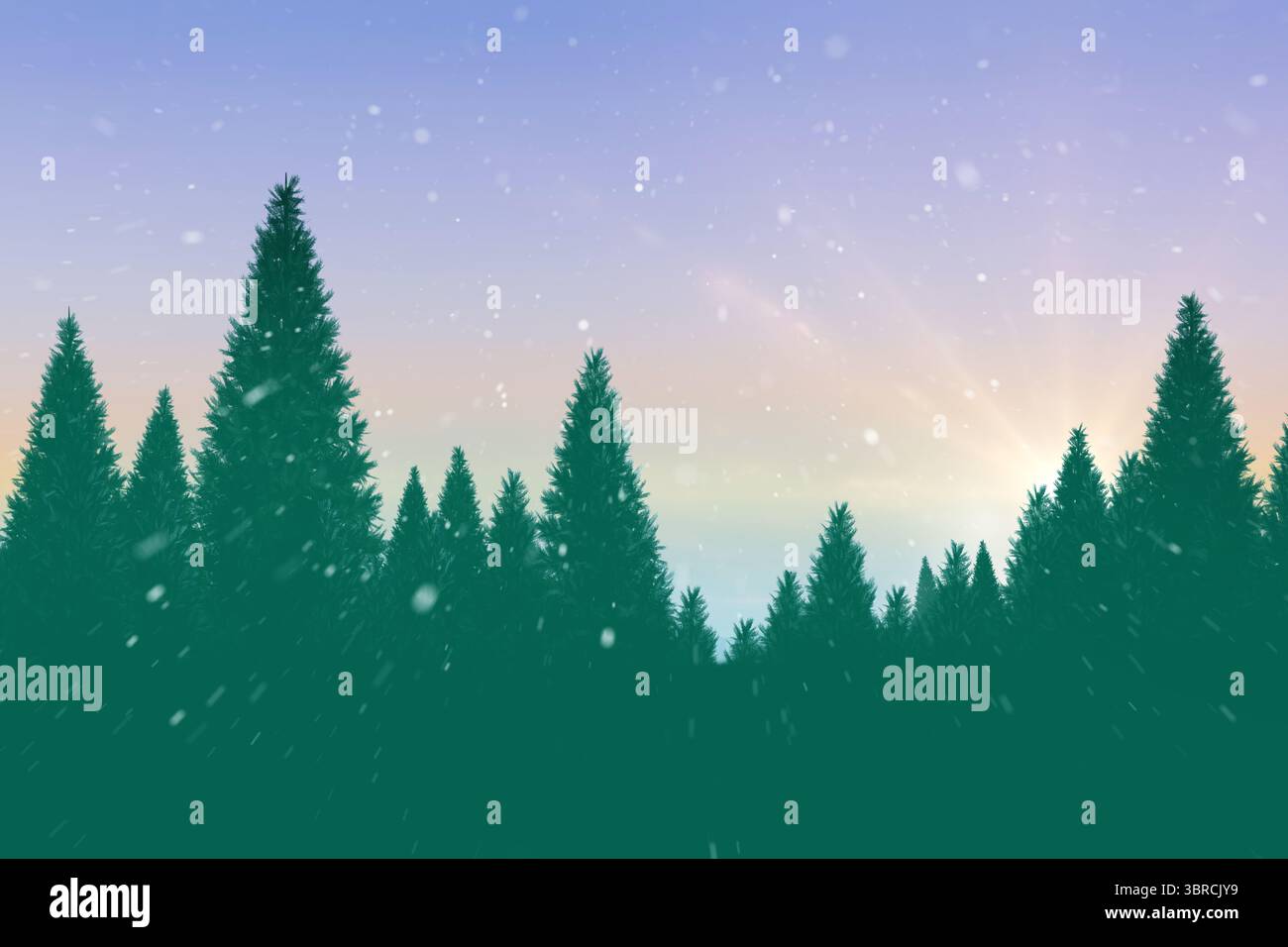 Il design piatto mostra la silhouette di una foresta di pini sotto il cielo color pastello con fiocchi di neve alla deriva Foto Stock