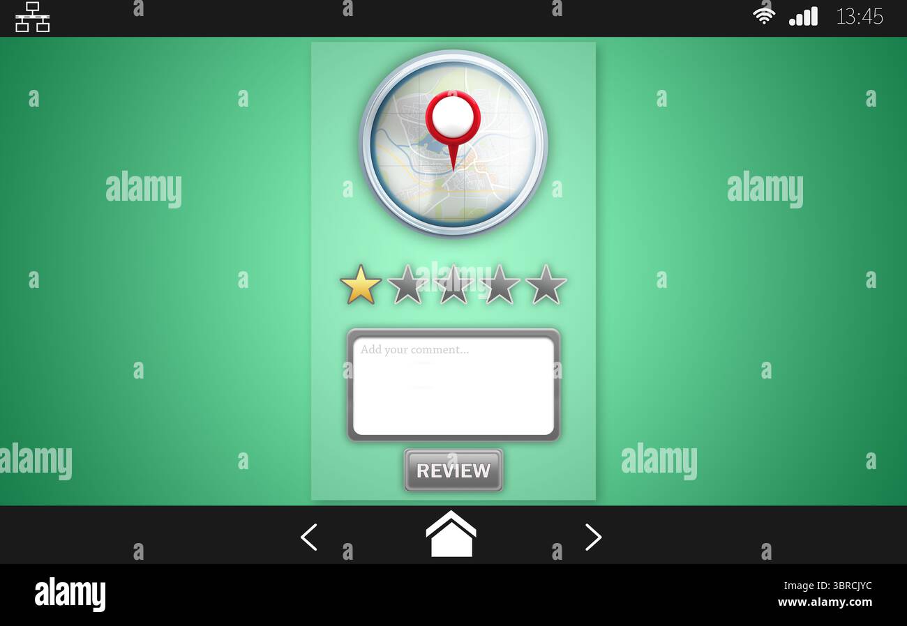 La schermata di revisione del telefono dal design piatto mostra il pin della mappa, la valutazione a stelle, la casella dei commenti e il pulsante di revisione Foto Stock