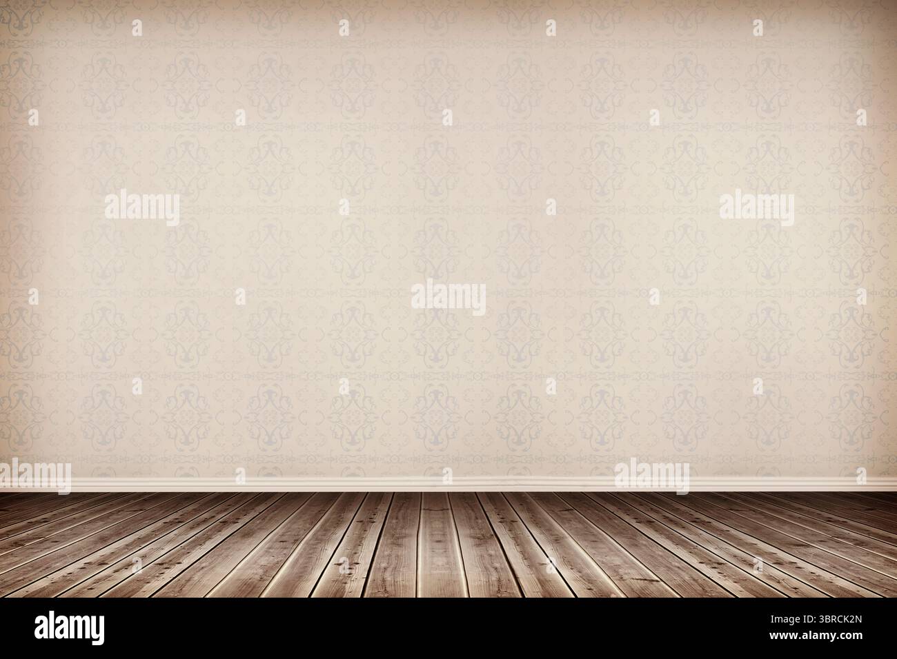 Le camere residenziali vuote sono esposte in un design piatto con pavimento in legno e carta da parati damascata Foto Stock
