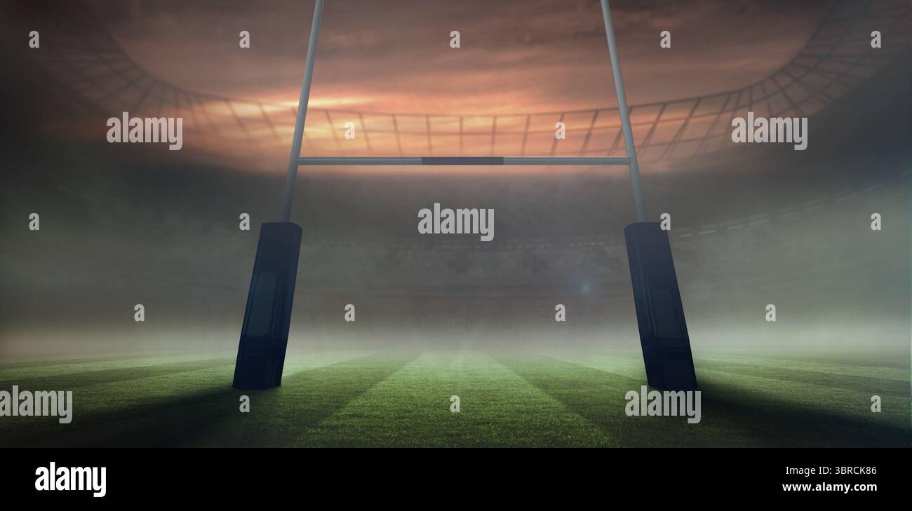 I pali da rugby dal design piatto si innalzano da un campo di erba a righe nebbiose sotto un cielo crepuscolo Foto Stock