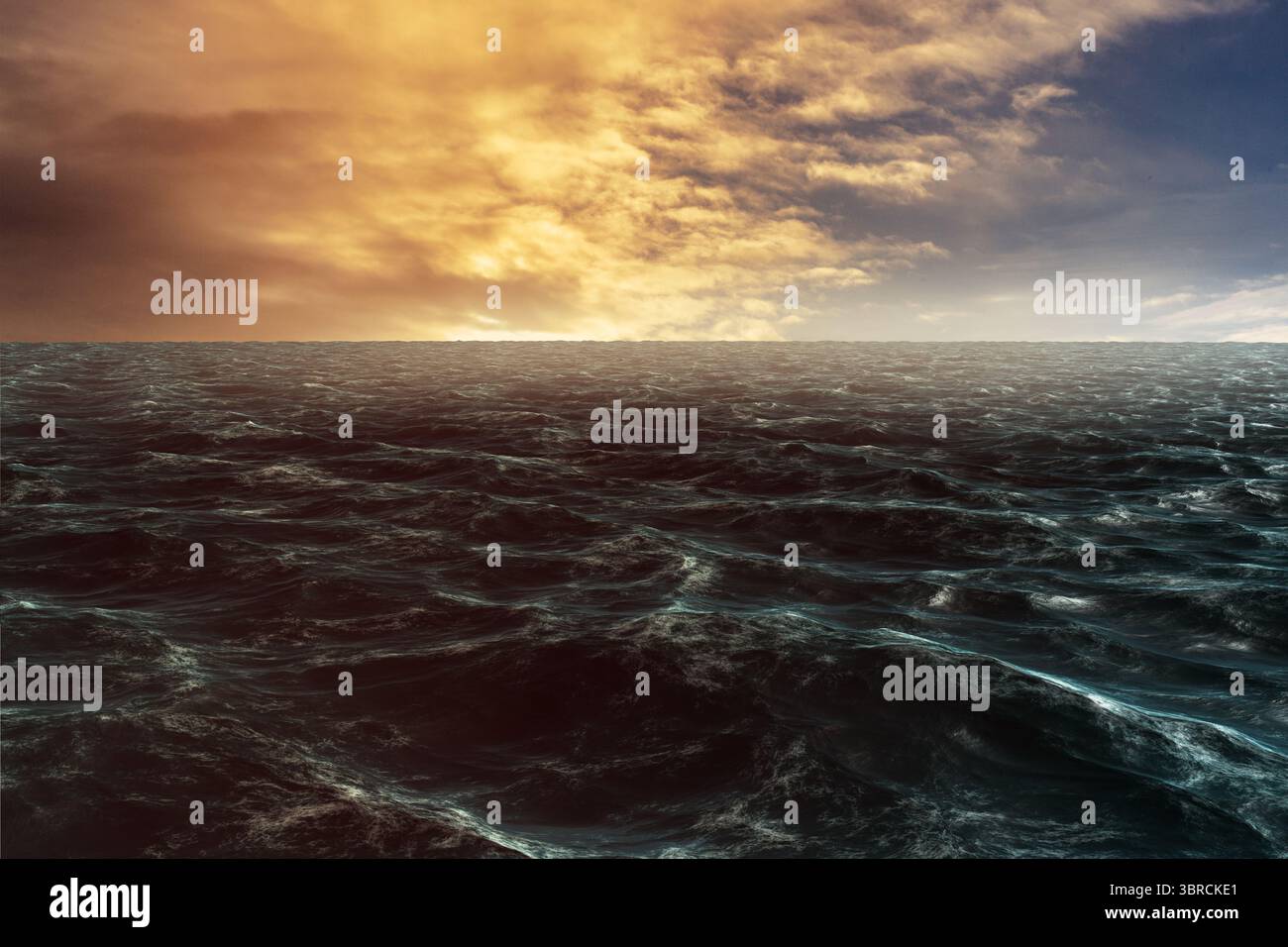 La superficie oceanica si sta arrotolando in un'illustrazione piatta, mostrando orizzonte dorato e cielo nuvoloso Foto Stock