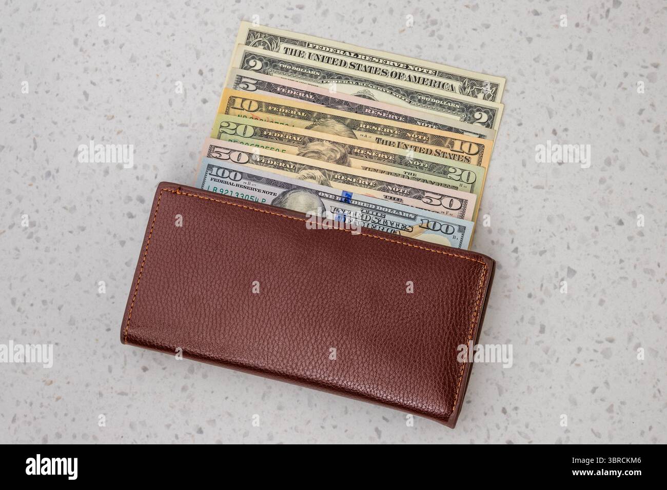 Portafoglio in pelle marrone con banconote in dollari USA da 1, 2, 5, 10, 20, 50 e 100 tagli Foto Stock