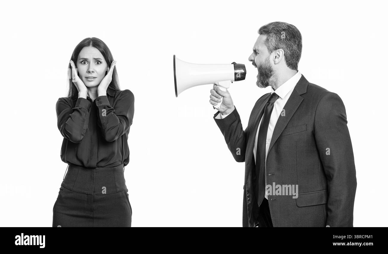 l'uomo d'affari è in conflitto con il partner per quanto riguarda la promozione. uomo d'affari che risolve i conflitti. Problema importante. conflitto di affari. uomo d'affari che grida Foto Stock