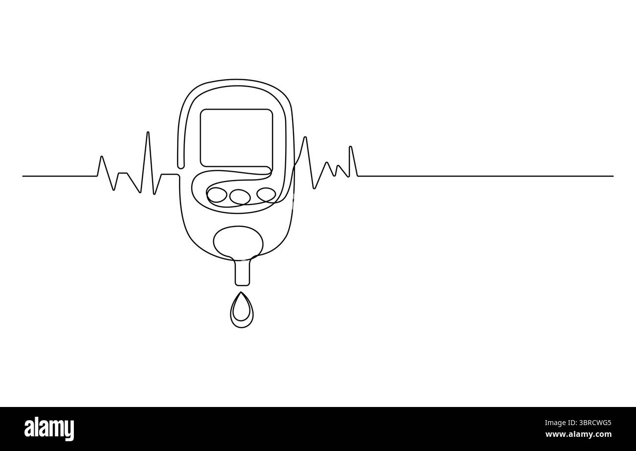 Glucometro a linea continua Art con onda ECG, strumenti di monitoraggio della glicemia Art Illustrazione Vettoriale