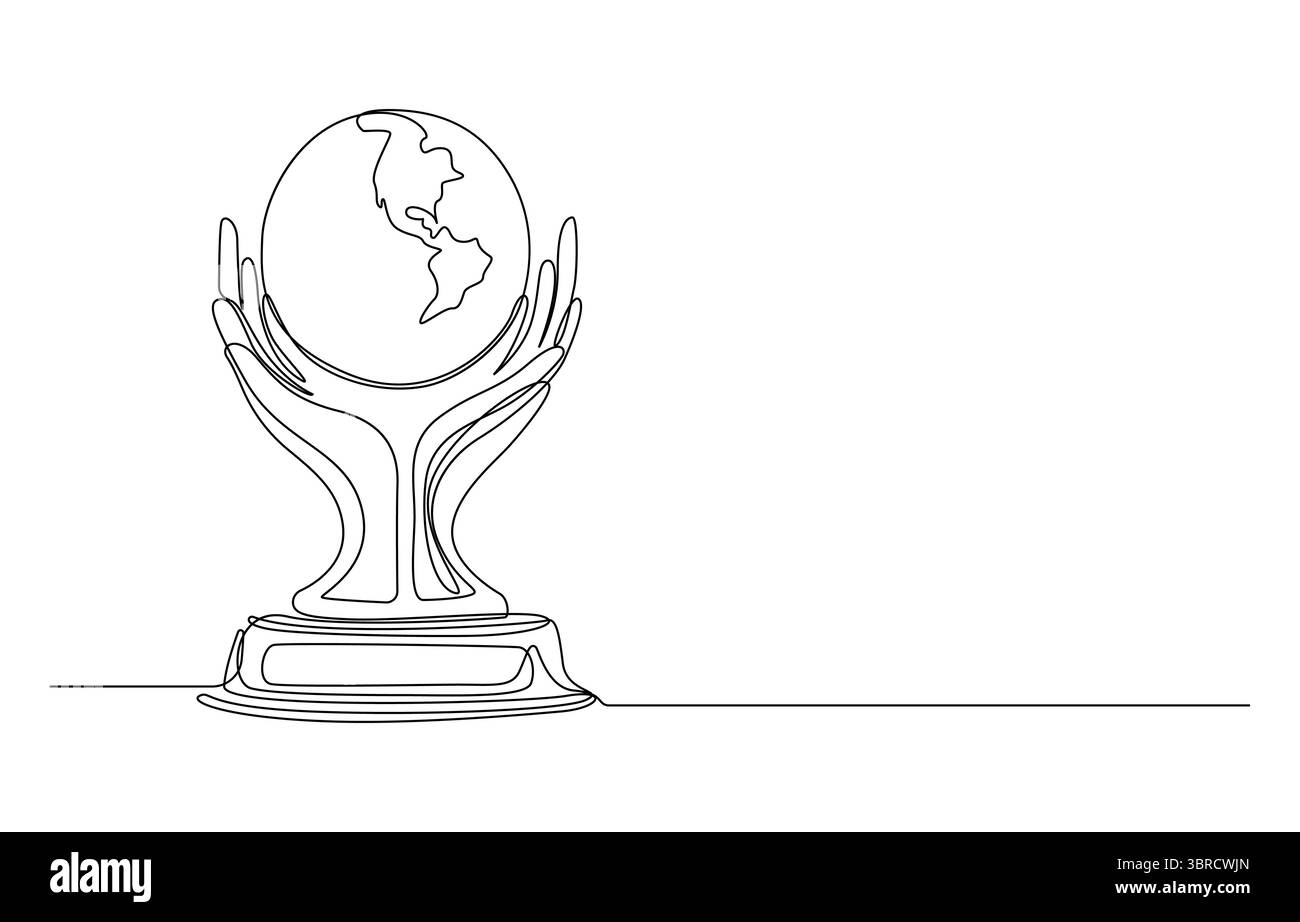 World in Hands Earth Globe Trophy Line Art, Hands Holding Globe - One Line Art Illustrazione Vettoriale