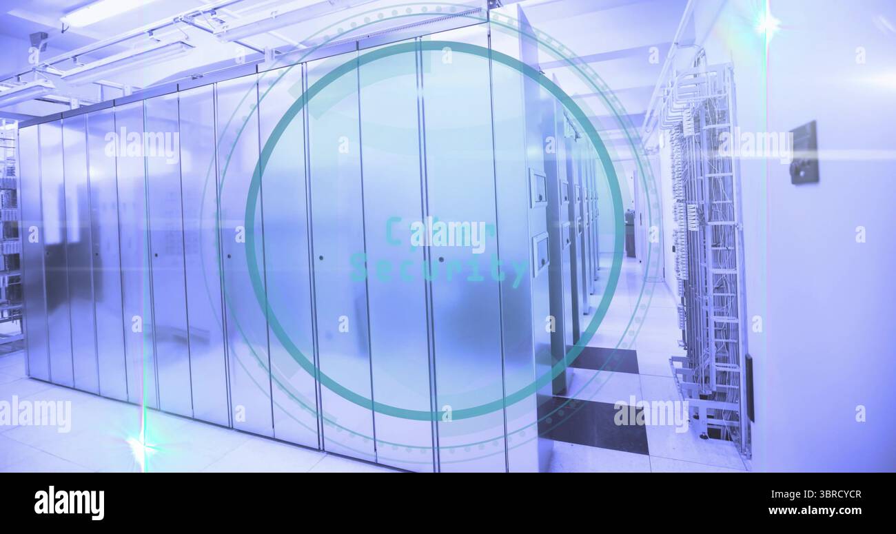 Mostra rack server metallici che si estendono nei corridoi dei data center con sovrapposizione di sicurezza informatica Foto Stock