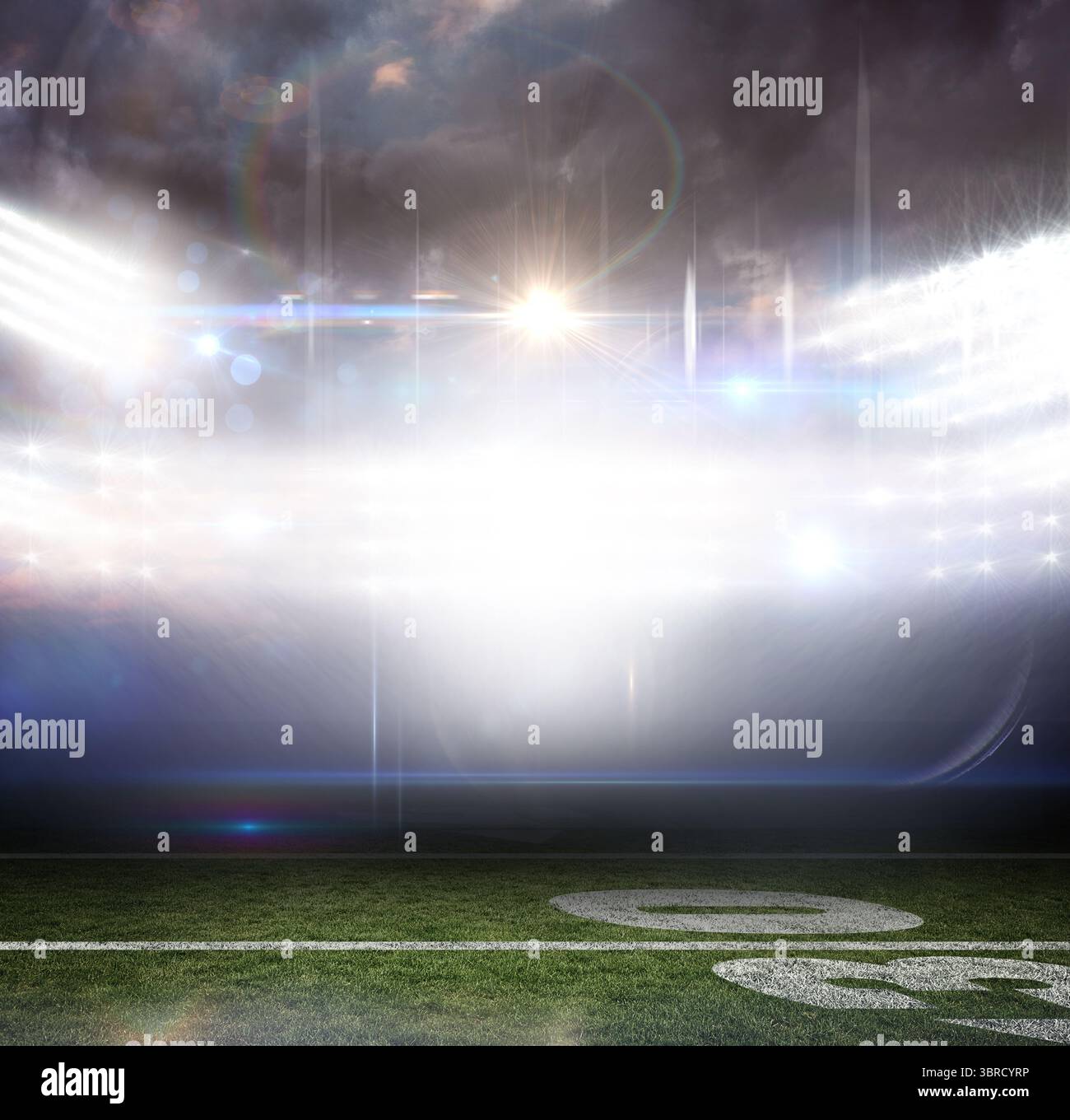 Design piatto che mostra i proiettori dello stadio che emettono un fascio di luce nebbiosa sul prato verde che segna la linea di 30 metri Foto Stock