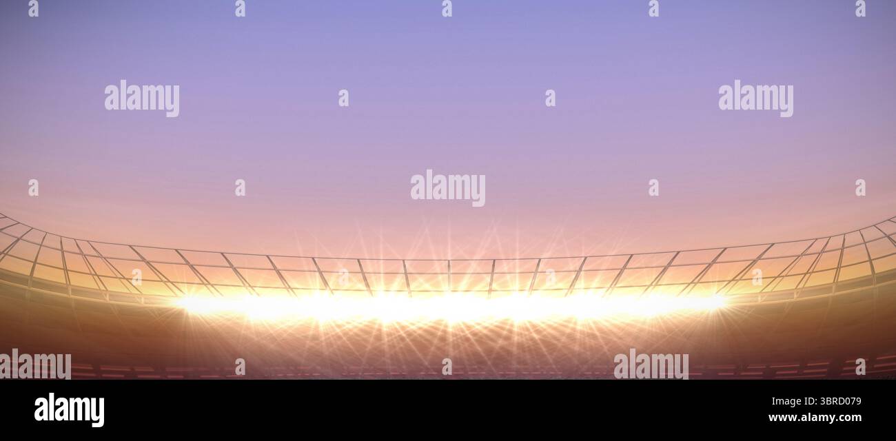 L'illuminazione da stadio presenta un cassone ricurvo con un design piatto, con proiettori illuminati Foto Stock