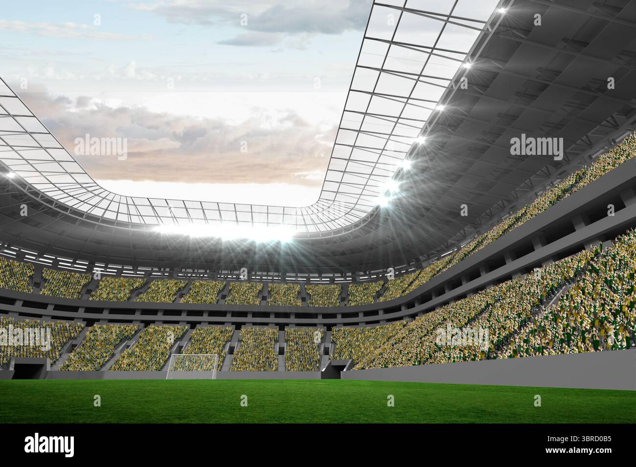 Il moderno stadio sportivo presenta un campo in erba verde, un tetto trasparente illuminato e una folla entusiasta Foto Stock
