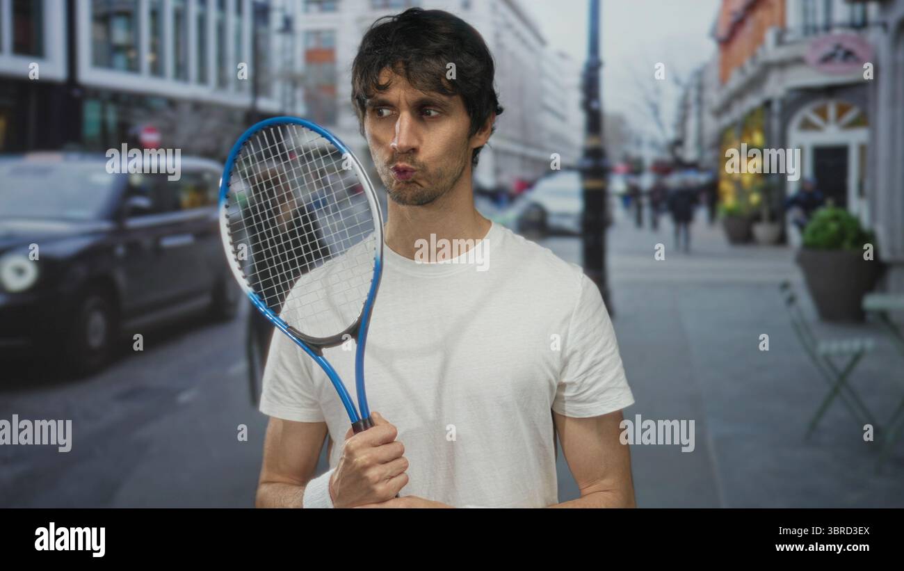 L'uomo tiene la racchetta da tennis e guarda lateralmente sulla strada frenetica con una t shirt bianca e una messa a fuoco. Foto Stock